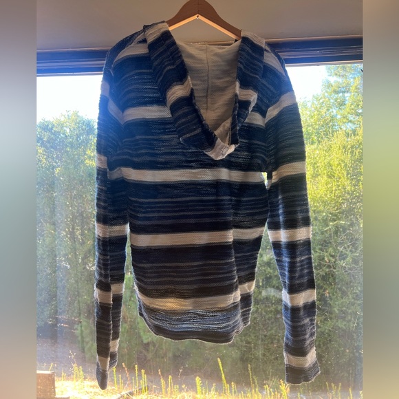 Lucky Brandy Women’s hooded sweater blue, cream, and black stripped size small - Picture 2 of 4